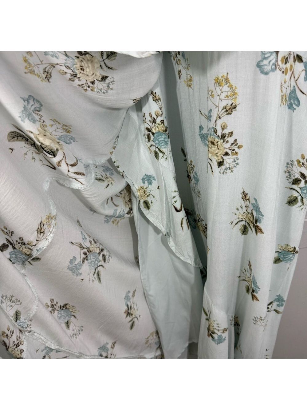 Cleo Petites Blue Floral Midi Dress 14P Wrap Style Sleeveless Ruffle Hem Garden - Picture 7 of 15